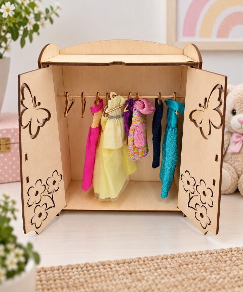 Wooden Doll Wardrobe with 10 Hangers – Doll Clothes Closet with Butterfly & Flower Design