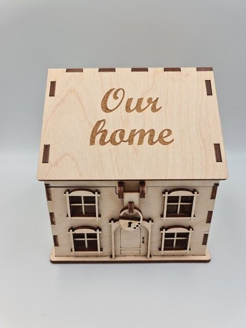 Wooden House Piggy Bank – Handmade Money Saving Box