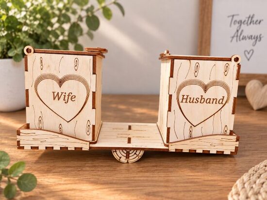Personalized Double Wooden Piggy Bank for Couples – Husband & Wife Savings Bank