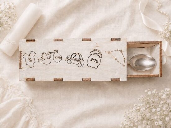 Personalisierte Holzbox für silbernen Tauf-Teelöffel – gravierte Baby-Daten & Sternbild
