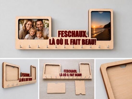 Personalized Wooden Key Holder with 2 Photo Frames – Custom Name Wall Organizer – Entryway Hook Rack Gift