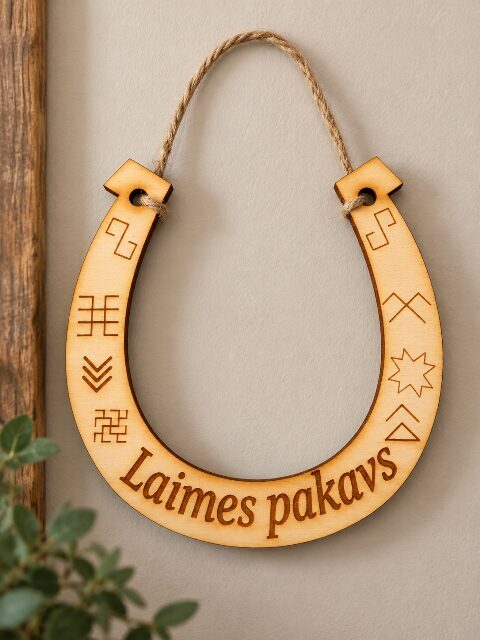 Personalized Wooden Lucky Horseshoe with Latvian Symbols – Custom Home Decor