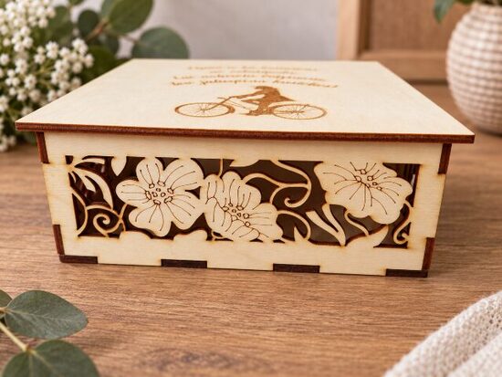 Personalised Wooden Keepsake Box, Laser Engraved Lid & Floral Cut-Out Sides