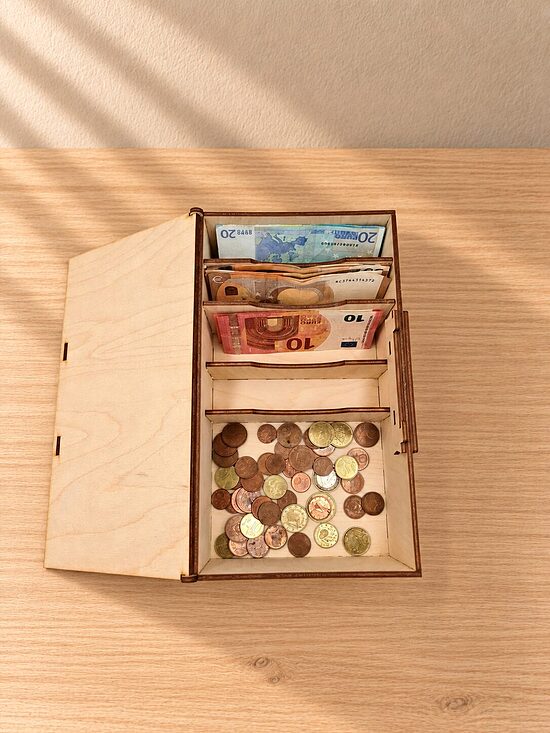 Personalized Wooden Cash Box with Bill and Coin Compartments