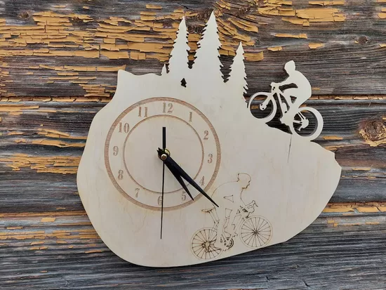 Mountain Bike Clock: Laser Cut Birch Wood, Forest Design