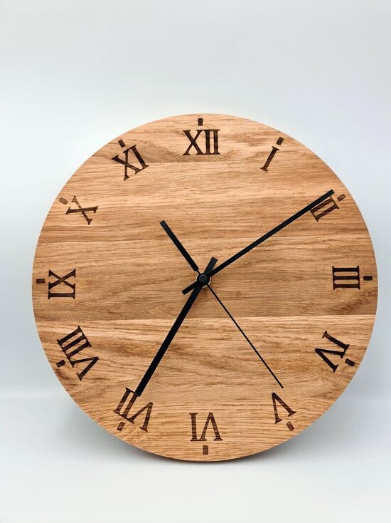 Handcrafted Oak Wall Clock with Engraved Roman Numerals.