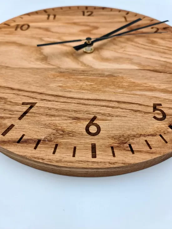 Oak Wall Clock with Engraved Dial, Rustic Elegance for Your Home, modern clock
