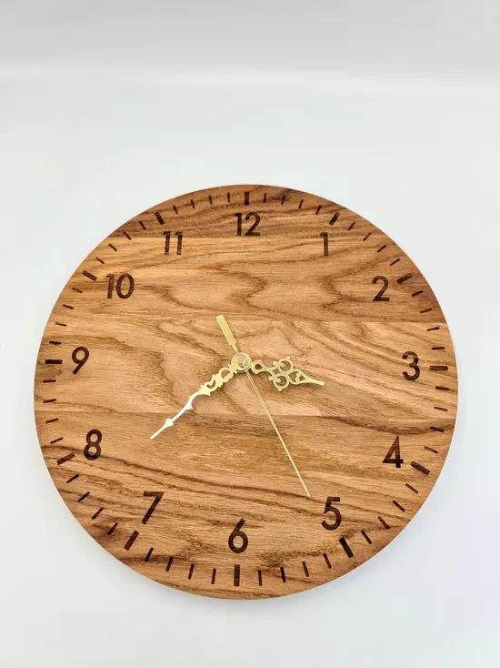 Handcrafted Oak Wall Clock with Engraved Roman Numerals, Silent Quartz.
