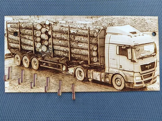 Laser Engraved Logging Truck Key Holder: Wooden Key Rack
