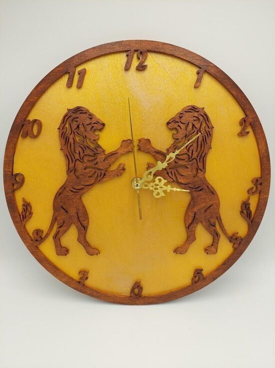 Handcrafted Wooden Lion Wall Clock: Rustic Home Decor