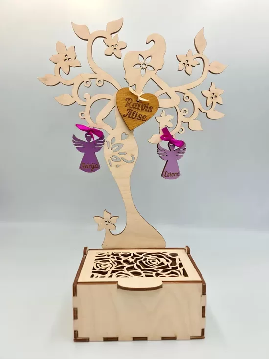 Wooden Jewelry Box with Elegant Woman and Flower Design – Earring, Necklace, and Ring Organizer