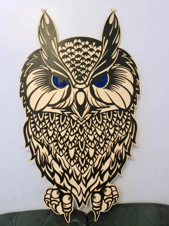 Laser Cut Wooden Owl Wall Decor: Rustic Blue Eyed Art