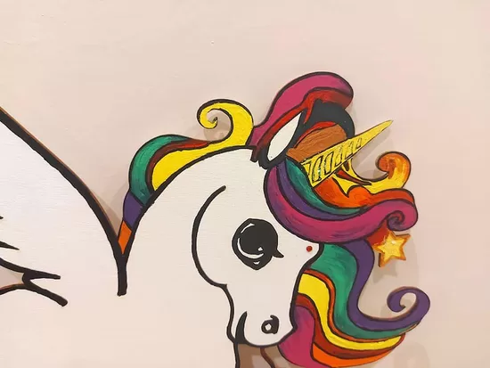 Rainbow Unicorn Wall Decor: Hand-Painted Wooden Fantasy Art