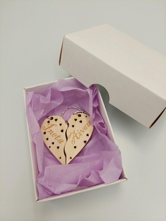 Personalized Wooden Heart Keychain Set – Engraved Couple Gift