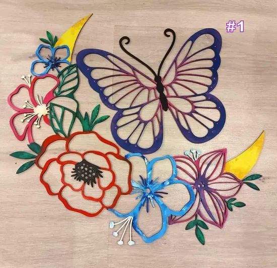 Hand-Painted Laser-Cut Butterfly & Flowers Wall Decor • Colorful Layered Wood Art • Custom Colors and Size