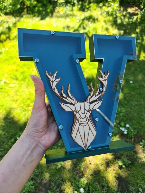 Personalized Letter Piggy Bank: Wooden Deer Initial Coin Bank