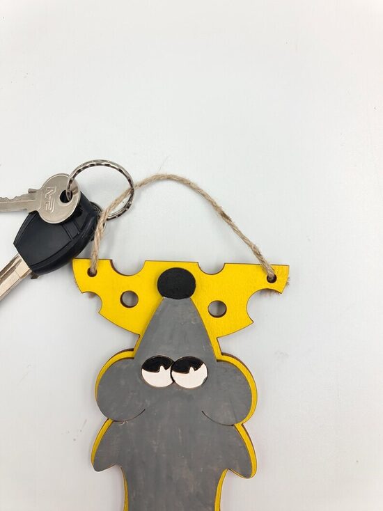 Hand-Painted Mouse & Cheese Keychain | Laser Cut Birch Charm