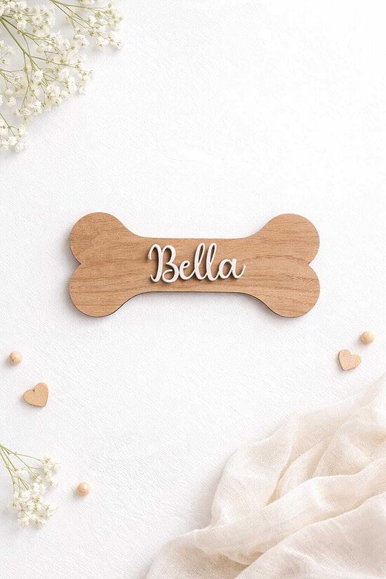 Personalized Oak Dog Bone Name Sign, Stylish decor