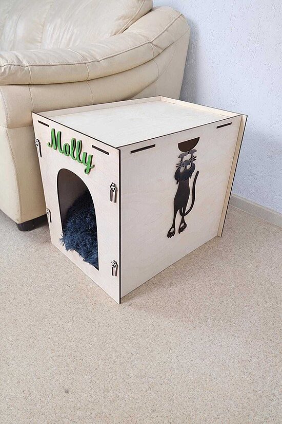 Personalized Wooden Cat House, Modern Pet Bed